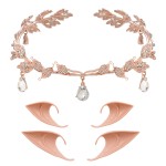 Nydotd Rhinestone Leaf Wedding Tiara Crown with 2 Pairs Elf Ear, Rhinestone Headband Headdress and Latex Fairy Pixie Ears Goblin Ears for Brides Pageants Wedding Halloween Cosplay Party Costume