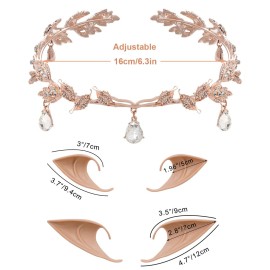 Nydotd Rhinestone Leaf Wedding Tiara Crown with 2 Pairs Elf Ear, Rhinestone Headband Headdress and Latex Fairy Pixie Ears Goblin Ears for Brides Pageants Wedding Halloween Cosplay Party Costume