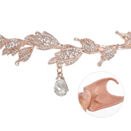 Nydotd Rhinestone Leaf Wedding Tiara Crown with 2 Pairs Elf Ear, Rhinestone Headband Headdress and Latex Fairy Pixie Ears Goblin Ears for Brides Pageants Wedding Halloween Cosplay Party Costume