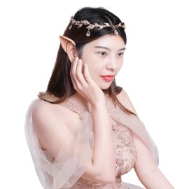 Nydotd Rhinestone Leaf Wedding Tiara Crown with 2 Pairs Elf Ear, Rhinestone Headband Headdress and Latex Fairy Pixie Ears Goblin Ears for Brides Pageants Wedding Halloween Cosplay Party Costume