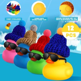 Chivao 12 Pcs Mini Rubber Ducks with Sunglasses/ Glasses and Hats/ Necklace, Cruise Rubber Ducks in Bulk Valentines Day Gift Small Bathtub Toy for Hiding Party Favor(Fresh Color,Vivid Style)