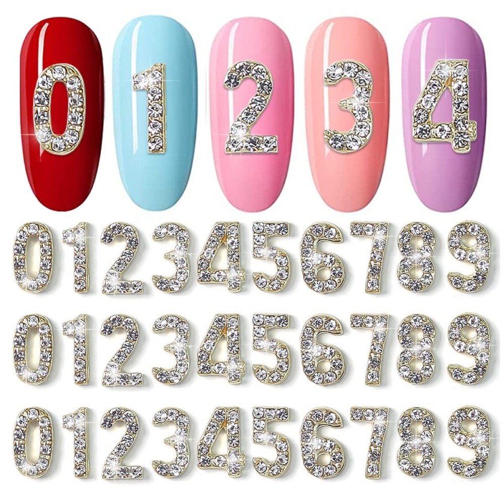 WOKOTO 30Pcs Gold 3d Numbers For Nails Number Rhinestones Charms For Acrylic Nails Number Nail Charms For Women Girls Nail Art Charms Gold Nail Jewels Gems For Nails Accessories Gems