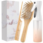 Water Mister Spray Bottle for hair - 3pc set w/bamboo brush, rat tail combs & Continuous spray bottle for hair | Natural Bamboo hair brush & Wooden Comb w/fine misting spray bottles (Rose Gold)