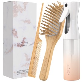 Water Mister Spray Bottle for hair - 3pc set w/bamboo brush, rat tail combs & Continuous spray bottle for hair | Natural Bamboo hair brush & Wooden Comb w/fine misting spray bottles (Rose Gold)
