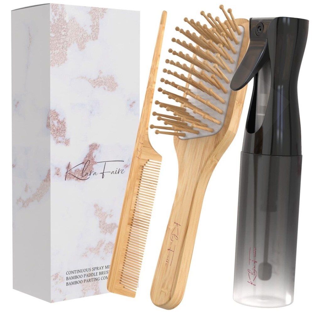klara faire heatless curler companion set - 3pc set w/bamboo brush, rat tail combs & hair mister spray bottle | Natural Bamboo hair brush & Wooden Comb w/fine mist spray bottles (Black Silver)