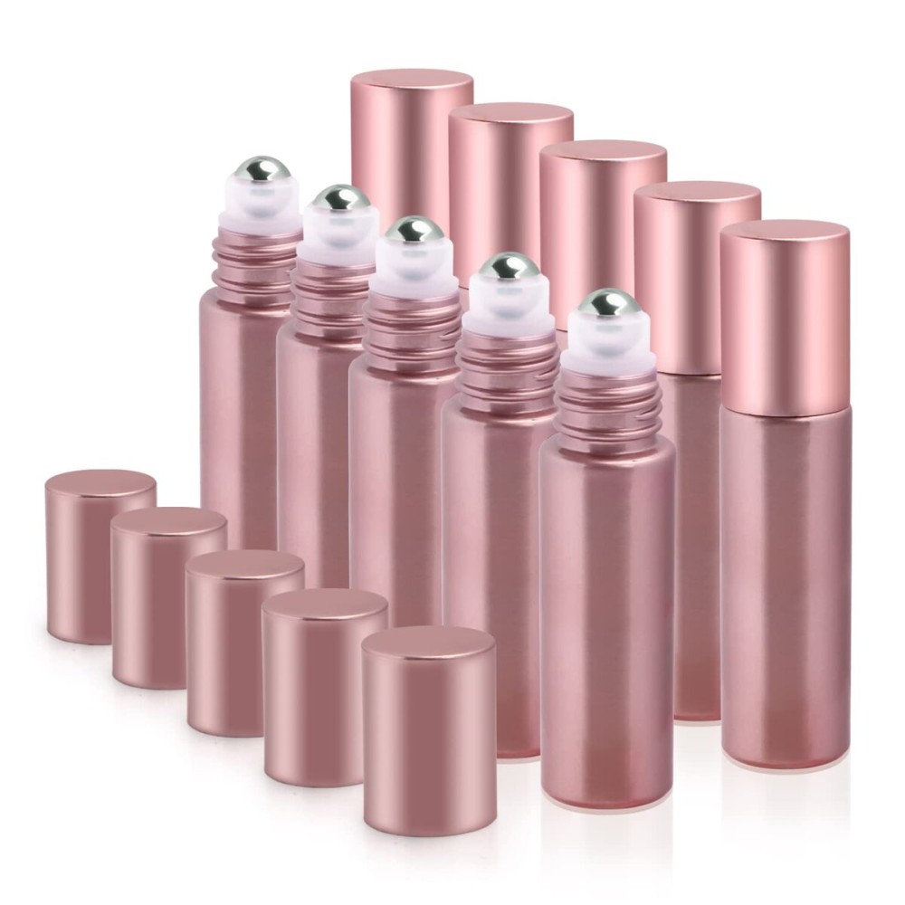 BOSMIOW 10 Pack Essential Oil Roller Bottles 10ml Refillable Pink Glass Roll On Bottle With Stainless Steel Roller Ball Travel Perfume Sample Bottles