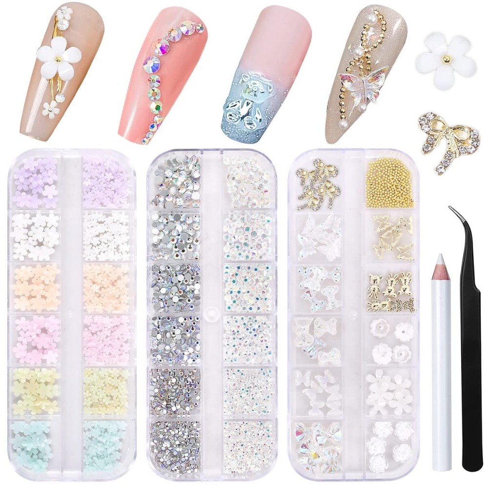 3D Flowers Nail Art Charms Rhinestones Kit - Includes 12Grid 400Pcs Acrylic Flower 1500Pcs AB Nail Rhinestones 200Pcs Acrylic Butterfly Bow Flower Bear Nail Art Charms for Nail Art Craft Decoration