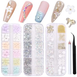 3D Flowers Nail Art Charms Rhinestones Kit - Includes 12Grid 400Pcs Acrylic Flower 1500Pcs AB Nail Rhinestones 200Pcs Acrylic Butterfly Bow Flower Bear Nail Art Charms for Nail Art Craft Decoration