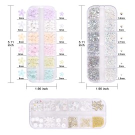 3D Flowers Nail Art Charms Rhinestones Kit - Includes 12Grid 400Pcs Acrylic Flower 1500Pcs AB Nail Rhinestones 200Pcs Acrylic Butterfly Bow Flower Bear Nail Art Charms for Nail Art Craft Decoration
