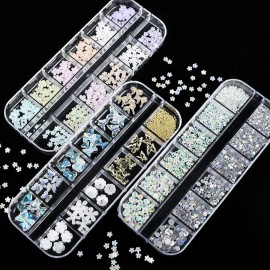 3D Flowers Nail Art Charms Rhinestones Kit - Includes 12Grid 400Pcs Acrylic Flower 1500Pcs AB Nail Rhinestones 200Pcs Acrylic Butterfly Bow Flower Bear Nail Art Charms for Nail Art Craft Decoration