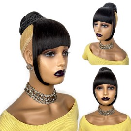 VAVANGA Twisted Bun & Bang Set 2PCS, Synthetic Braided HairBun N Bangs Straight Clip in China Bang High Bun with Bangs Clip on Hair Piece for Black Women(1B, XG3001)