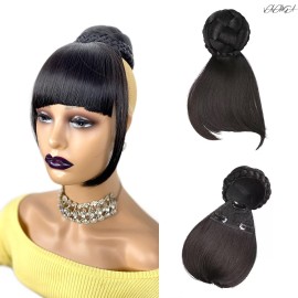 VAVANGA Twisted Bun & Bang Set 2PCS, Synthetic Braided HairBun N Bangs Straight Clip in China Bang High Bun with Bangs Clip on Hair Piece for Black Women(1B, XG3001)