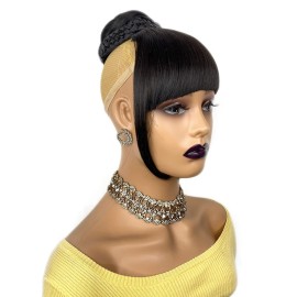 VAVANGA Twisted Bun & Bang Set 2PCS, Synthetic Braided HairBun N Bangs Straight Clip in China Bang High Bun with Bangs Clip on Hair Piece for Black Women(1B, XG3001)