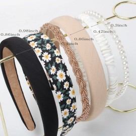 6PK Different Designs Headbands for Women Non Slip Flower Black White Solid Headband Set Cute Pearl Hair Band for Girls Twisted Hairband