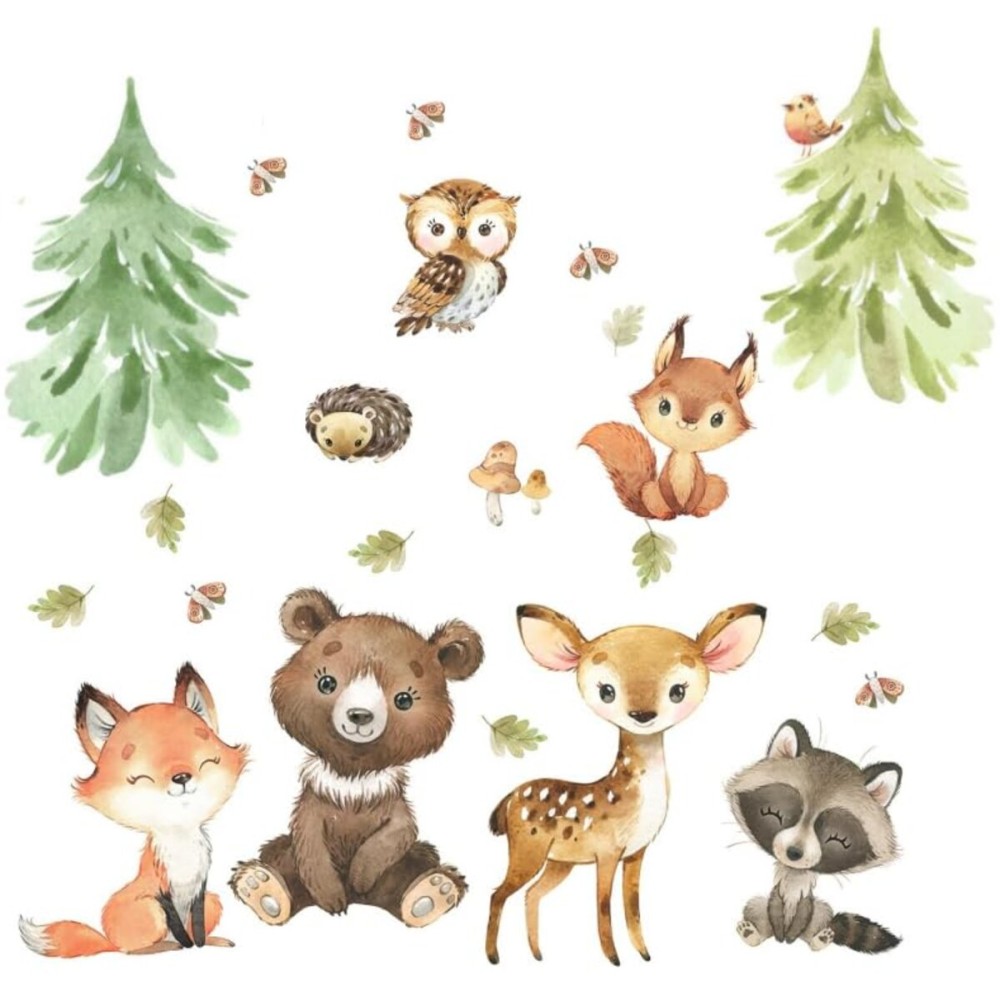 Woodland Wall Decals Stickers Peel and Stick for Baby Boys Girls Nursery Bedroom Netral Decor,Woodland Animals Wall Decals Stickers Forest Animals Bear Fox Owl Raccoon Deer