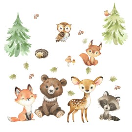 Woodland Wall Decals Stickers Peel and Stick for Baby Boys Girls Nursery Bedroom Netral Decor,Woodland Animals Wall Decals Stickers Forest Animals Bear Fox Owl Raccoon Deer
