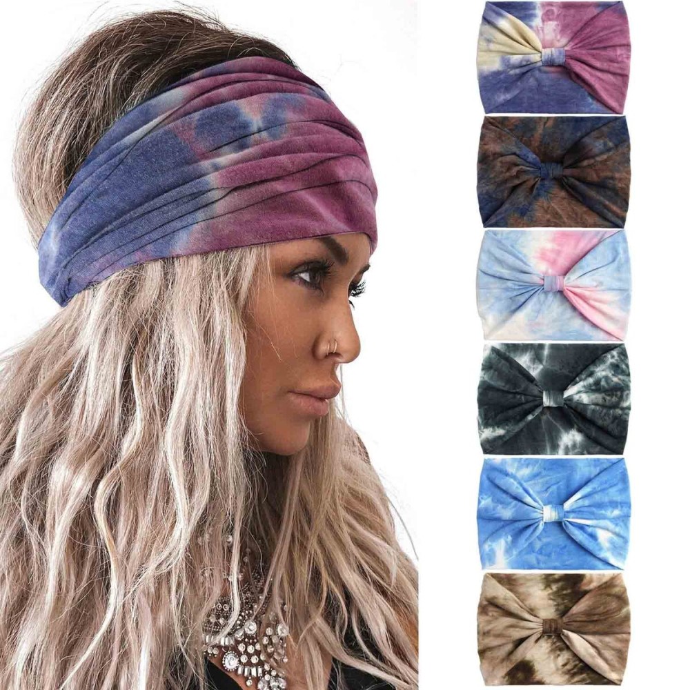 Olbye Wide Headbands Women Knotted Headband Non Slip Elastic Hair Bands Tie Dye Turban Head Wraps Workout Yoga Sports Sweatbands Boho Headbands Fashion Hair Accessories for Women Pack of 6 (Pattern D)