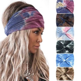 Olbye Wide Headbands Women Knotted Headband Non Slip Elastic Hair Bands Tie Dye Turban Head Wraps Workout Yoga Sports Sweatbands Boho Headbands Fashion Hair Accessories for Women Pack of 6 (Pattern D)