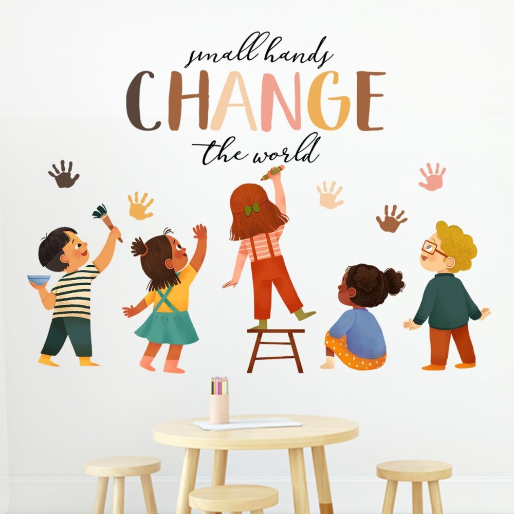 Mfault Small Hands Change The World Equality Wall Decals Stickers, Inspirational Quote Diversity Handprint Nursery Classroom Decorations Kids Bedroom Art, Toddlers Room Preschool Daycare Library Decor