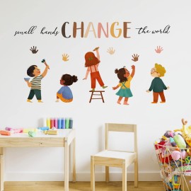 Mfault Small Hands Change The World Equality Wall Decals Stickers, Inspirational Quote Diversity Handprint Nursery Classroom Decorations Kids Bedroom Art, Toddlers Room Preschool Daycare Library Decor