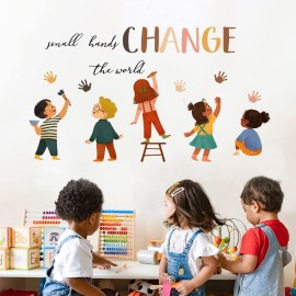 Mfault Small Hands Change The World Equality Wall Decals Stickers, Inspirational Quote Diversity Handprint Nursery Classroom Decorations Kids Bedroom Art, Toddlers Room Preschool Daycare Library Decor