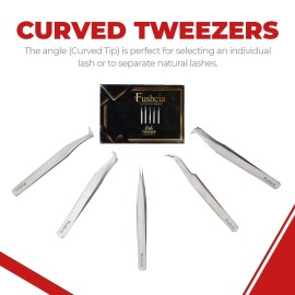Fushcia 5 Pcs Stainless Steel Lash Tweezers - Eyelash Extension Tweezers for Removing Ingrown Facial Hair - Straight Curved Shape Ingrown Hair Tweezers Set - Eyelash Applicator Tool