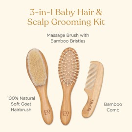 ELLAOLA Natural Bamboo Hair Brush & Comb Set, 3 Piece - Cradle Cap Brush, Massage Hair Brush, Bamboo Comb for Toddlers, Newborns & Infants I Baby Registry Gift