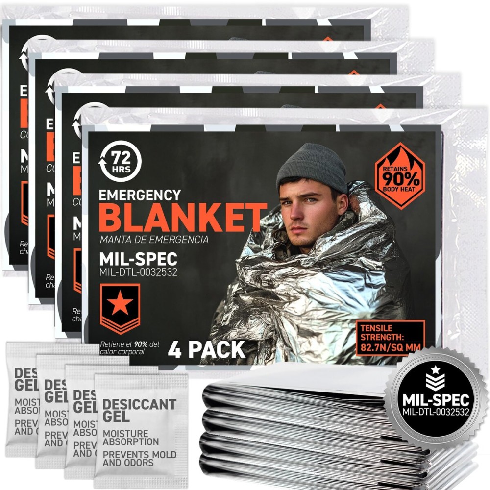 72 HRS Large Emergency Mylar Space Blankets 4-Pack, MIL-SPEC 54  88 Thermal Survival Foil - Retains 90% Body Heat, Waterproof Reflective Blanket for Camping, Hiking, Marathon, First Aid