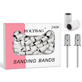 Rolybag Sanding Bands with Storage Box - 100 Superfine Grinding Wheel Sand Bands and 2 Mandrels for 3/32 Nail Drill Machine - 240 Grit