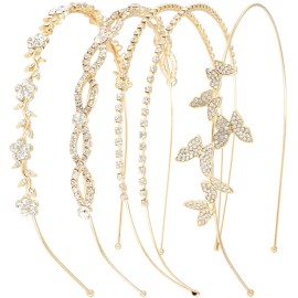 Wecoe 4 Pack Rhinestone Headbands Women Gold Metal Headbands Flower Girl Bridal Wedding Crystal Headpieces Flower Leaf Butterfly Headband Tiara Formal Hair Accessories For Women Girls Halloween Gifts