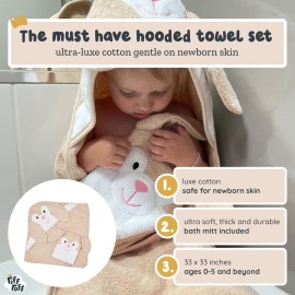 Riff Raff Friendly Bunny Hooded Towel - Premium Cotton Baby Towel with Mitt Set - Ultra Soft Machine Washable Cartoon Hooded Baby Towels - Baby Towels with Hood for Newborn Baby, Infants, Toddlers