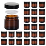 2oz Jars with Lids, Hoa Kinh 24 Pack Amber Glass Jars with Lids Empty Cosmetic Containers Round Airtight Glass Jar with Inner Liners and black Lid for Storing Lotions, Powders, and Ointments