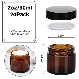 2oz Jars with Lids, Hoa Kinh 24 Pack Amber Glass Jars with Lids Empty Cosmetic Containers Round Airtight Glass Jar with Inner Liners and black Lid for Storing Lotions, Powders, and Ointments