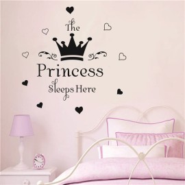 UILMNIY Art Princess Wall Decal for Girl DIY Quote The Princess Sleeps Here Crown Hearts Wall Decor Sticker Nursery Bedroom Kids Removable Vinyl Wallpaper AFN07 (Black)