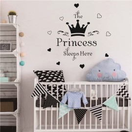 UILMNIY Art Princess Wall Decal for Girl DIY Quote The Princess Sleeps Here Crown Hearts Wall Decor Sticker Nursery Bedroom Kids Removable Vinyl Wallpaper AFN07 (Black)