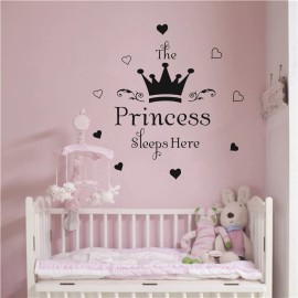 UILMNIY Art Princess Wall Decal for Girl DIY Quote The Princess Sleeps Here Crown Hearts Wall Decor Sticker Nursery Bedroom Kids Removable Vinyl Wallpaper AFN07 (Black)
