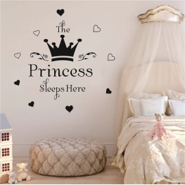 UILMNIY Art Princess Wall Decal for Girl DIY Quote The Princess Sleeps Here Crown Hearts Wall Decor Sticker Nursery Bedroom Kids Removable Vinyl Wallpaper AFN07 (Black)