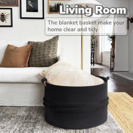 CherryNow Extra Large Black Laundry Basket, Rope Storage Basket for Bathroom, Bedroom, Living room, Entryway, Big Blanket Baskets for Pillows, Toys, Clothes, 22 x 14 inches