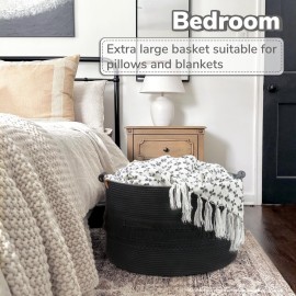 CherryNow Extra Large Black Laundry Basket, Rope Storage Basket for Bathroom, Bedroom, Living room, Entryway, Big Blanket Baskets for Pillows, Toys, Clothes, 22 x 14 inches