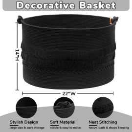CherryNow Extra Large Black Laundry Basket, Rope Storage Basket for Bathroom, Bedroom, Living room, Entryway, Big Blanket Baskets for Pillows, Toys, Clothes, 22 x 14 inches