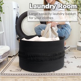 CherryNow Extra Large Black Laundry Basket, Rope Storage Basket for Bathroom, Bedroom, Living room, Entryway, Big Blanket Baskets for Pillows, Toys, Clothes, 22 x 14 inches