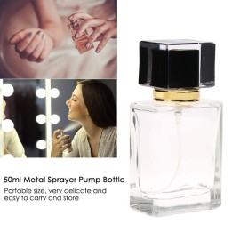 Empty Perfume Atomizer, 50ml Portable Glass Empty Refillable Replacement Glass Perfume Bottle Metal Sprayer Pump Bottle Travel Transparent Dropper Cosmetic Refillable Containers Applicator(Black)