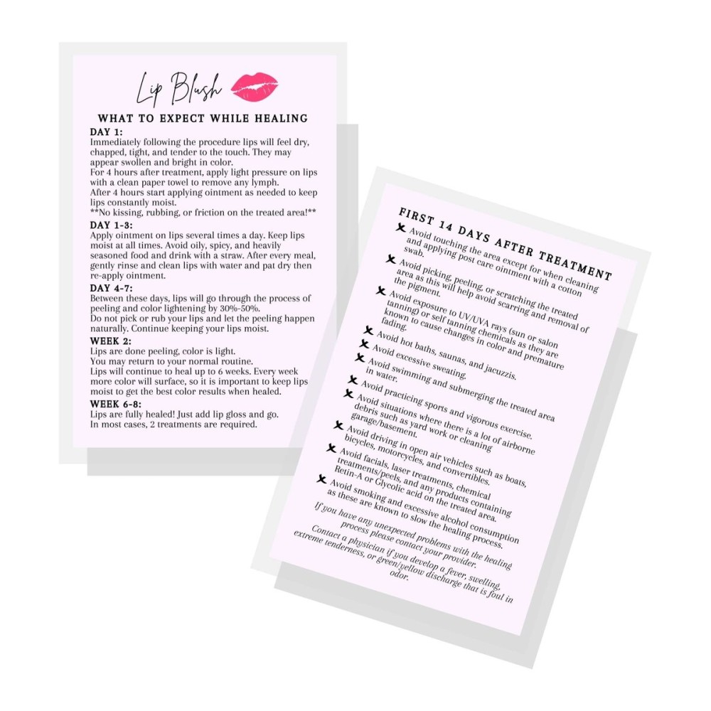 Lip Blush What to Expect When Healing Cards | Package of 30 | Double Sided Size 4x6 inches Postcard | PMU Lavender with Lips Design