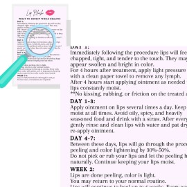 Lip Blush What to Expect When Healing Cards | Package of 30 | Double Sided Size 4x6 inches Postcard | PMU Lavender with Lips Design