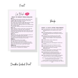 Lip Blush What to Expect When Healing Cards | Package of 30 | Double Sided Size 4x6 inches Postcard | PMU Lavender with Lips Design