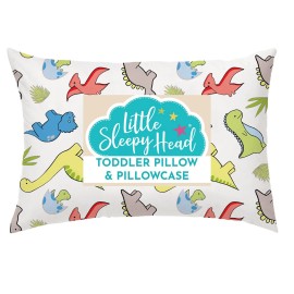 Little Sleepy Head Toddler Pillow with Pillowcase 13x18 - Kids Pillow for Sleeping - Better Neck Support Ergonomic Pillow and Toddler Pillowcase - Best Pillows for Kids (Dinosaurs White)