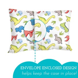 Little Sleepy Head Toddler Pillow with Pillowcase 13x18 - Kids Pillow for Sleeping - Better Neck Support Ergonomic Pillow and Toddler Pillowcase - Best Pillows for Kids (Dinosaurs White)