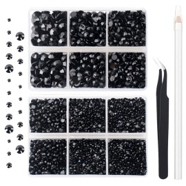 AUREHEN 10000PCs 2-6MM Black Resin Flat Back Rhinestones, Round Non Hotfix Resin Rhinestones Nail Gems Stones with Tweezer & Picker Pen for Tumblers Nail Art & DIY Decoration