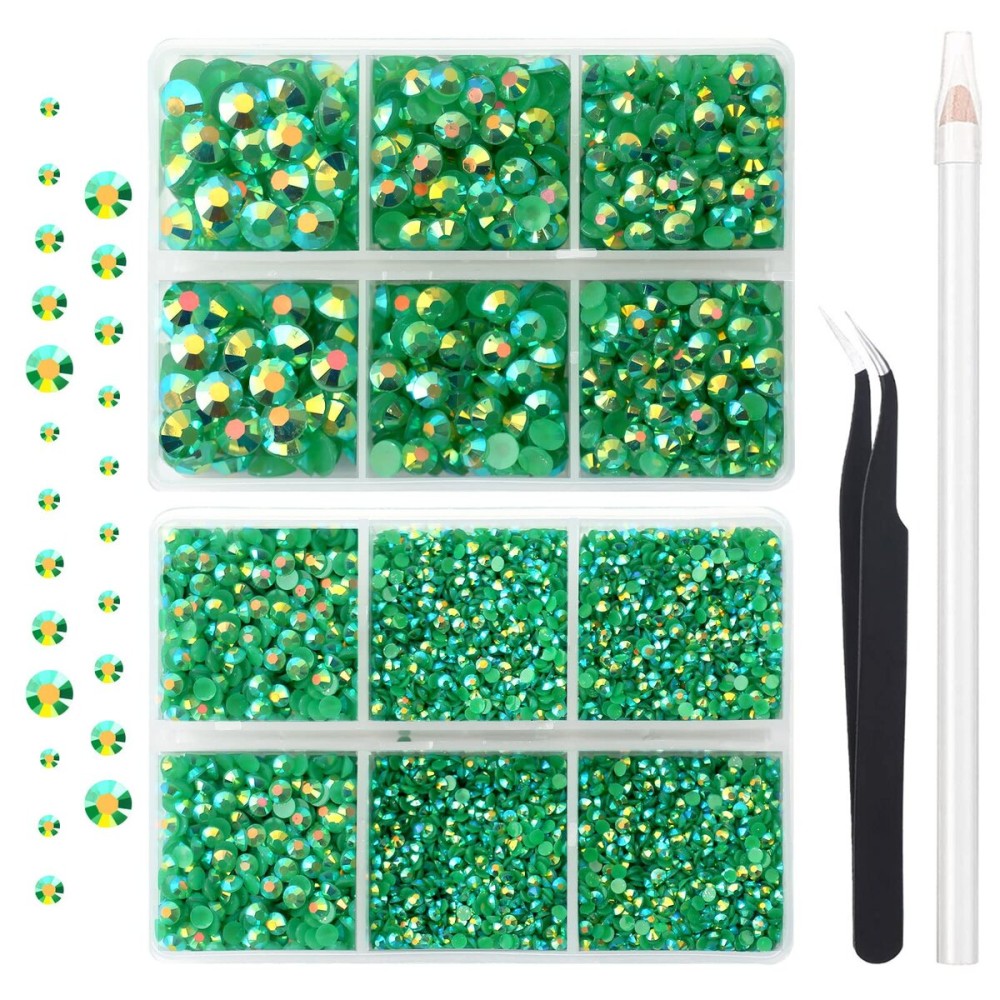 AUREHEN 10000PCs 2-6MM Jelly Deep Green AB Resin Flat Back Rhinestones, Round Non Hotfix Resin Rhinestones Nail Gems Stones with Tweezer & Picker Pen for Tumblers Nail Art & DIY Decoration