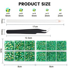 AUREHEN 10000PCs 2-6MM Jelly Deep Green AB Resin Flat Back Rhinestones, Round Non Hotfix Resin Rhinestones Nail Gems Stones with Tweezer & Picker Pen for Tumblers Nail Art & DIY Decoration